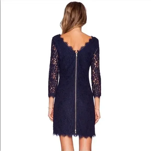 Diane Von Furstenberg Zarita Lace Dress in Navy Blue Size 14 - Picture 2 of 13